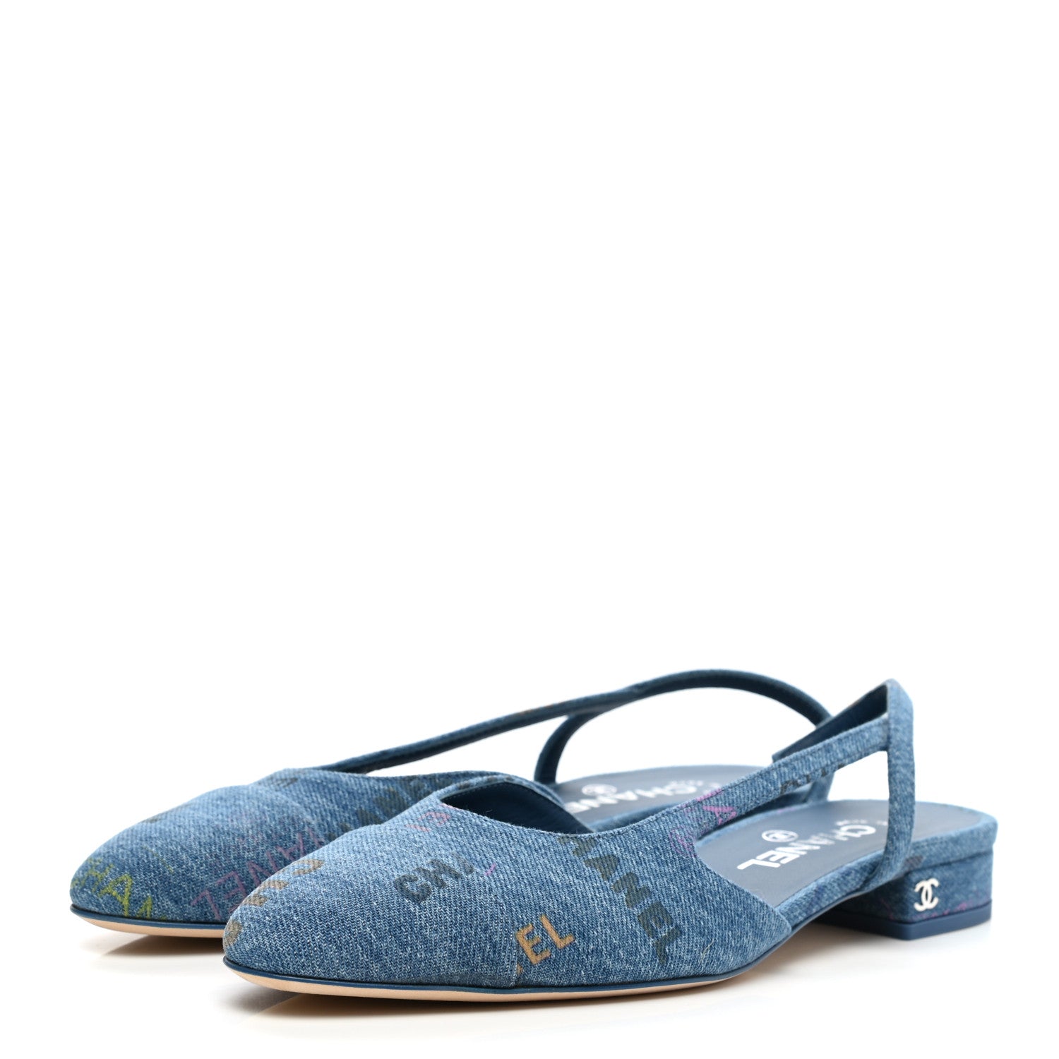 Chanel Denim Cap Toe CC Slingback Flats 38 Light Blue Multicolor 3 of 10