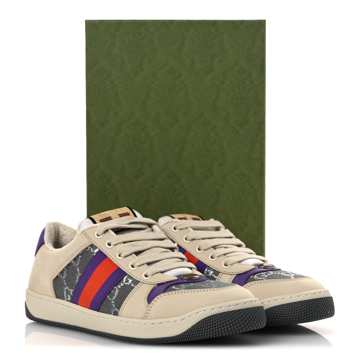 Gucci Calfskin Lame GG Monogram Web Womens Screener Sneakers 39.5 Blue Silver Dusty Milk Shine Purple 11 of 11