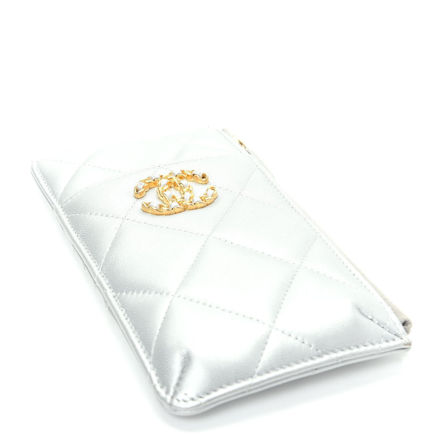 Metallic Goatskin Quilted Chanel 19 Flat Wallet Pouch Silver