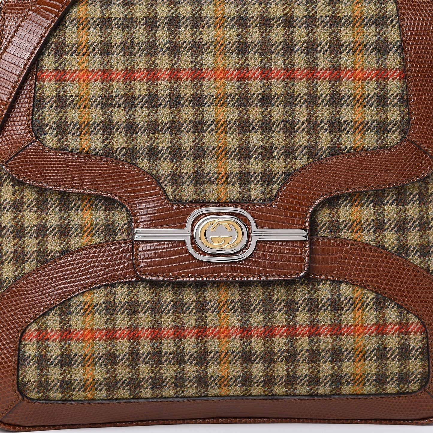 Tweed Calfskin Lizard Embossed Side Messenger Bag Brown