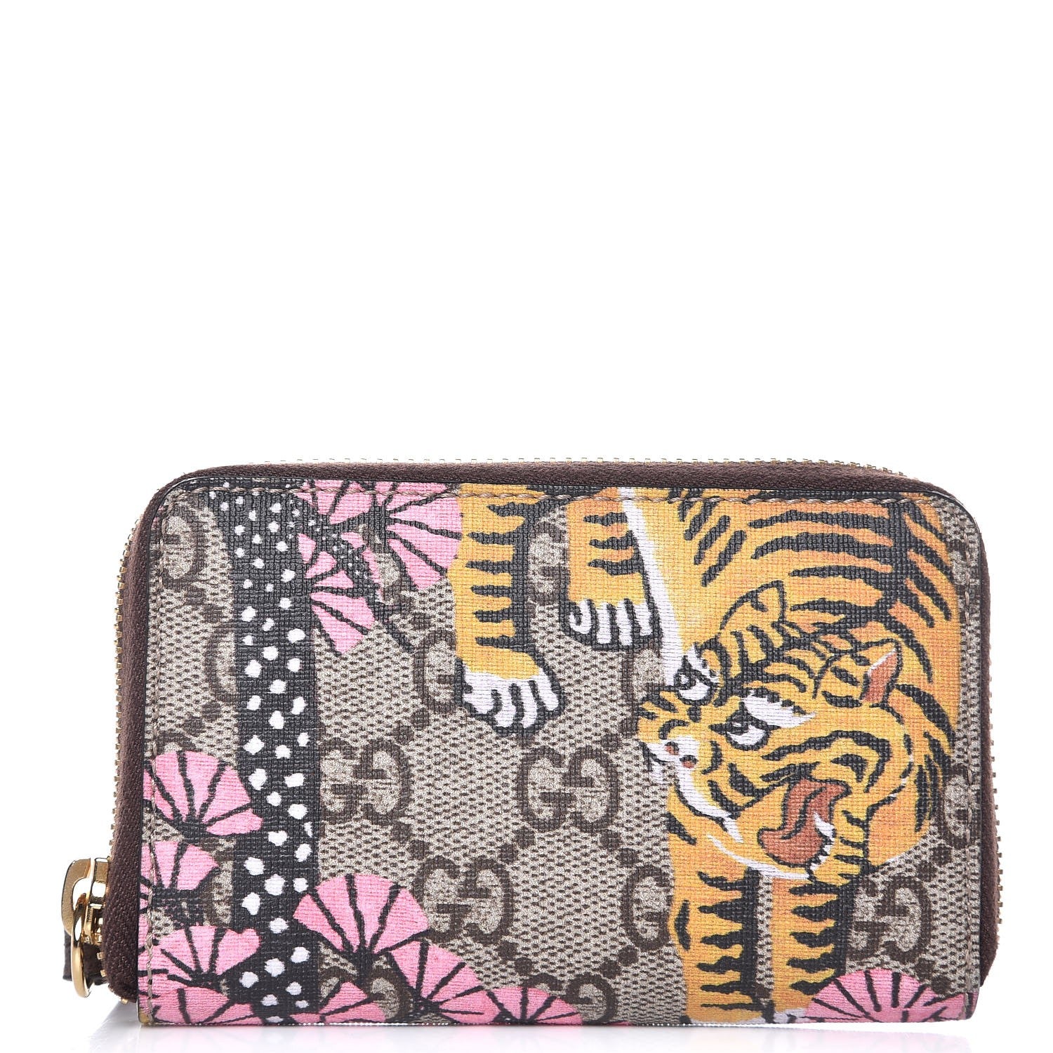 Gucci GG Supreme Monogram Bengal Zip Around Card Case Wallet Beige Pink 1 of 7