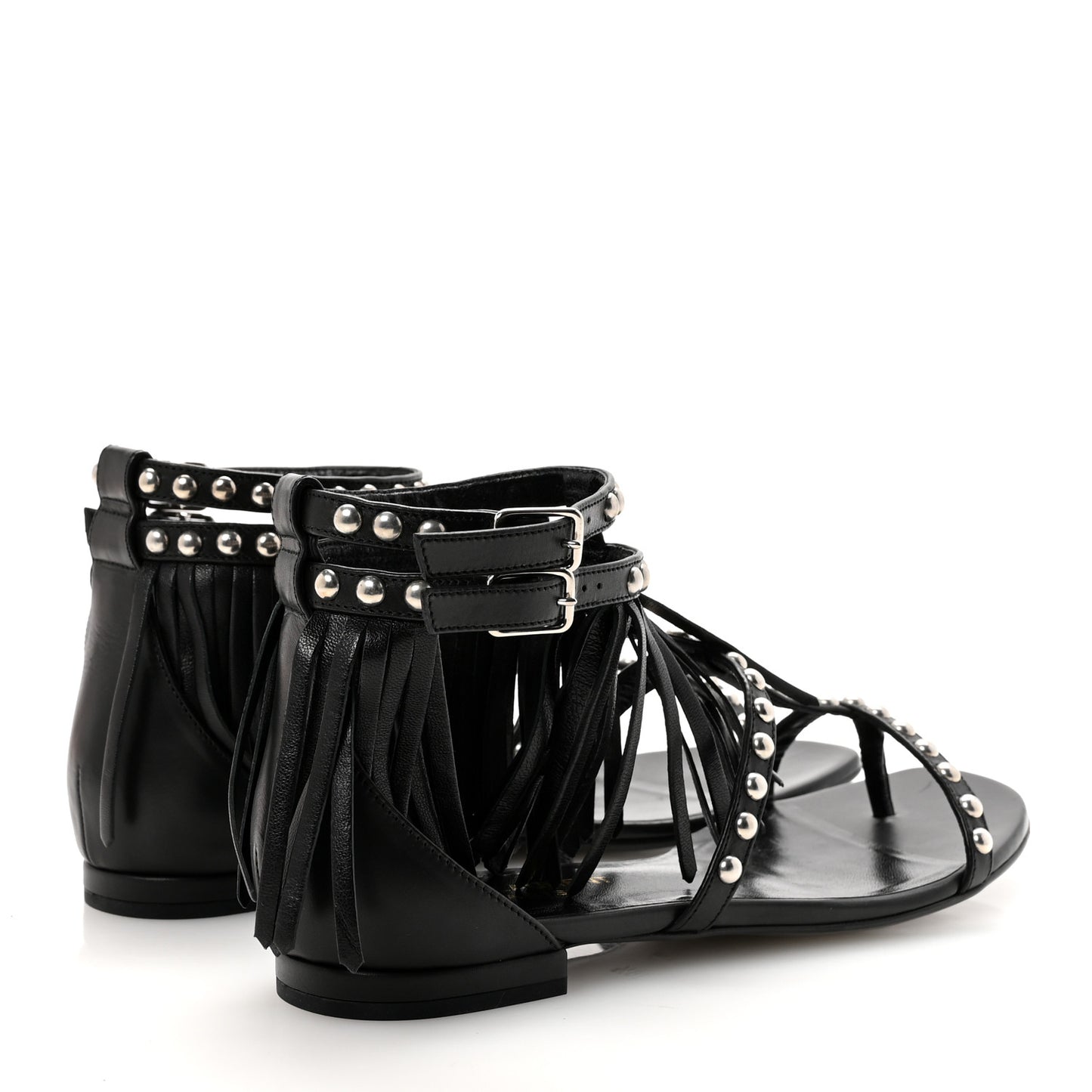 Calfskin Studded Fringe Cyuko Sandals 36.5 Black