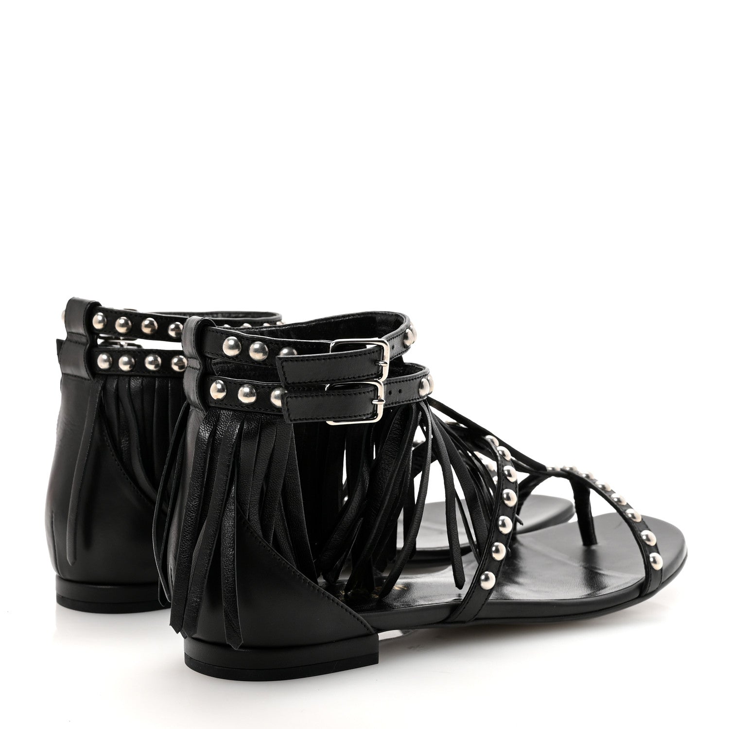 Saint Laurent Calfskin Studded Fringe Cyuko Sandals 36.5 Black 5 of 10