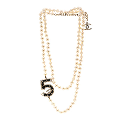 Chanel Pearl Crystal Lambskin Chain CC No 5 Long Necklace Gold 3 of 5
