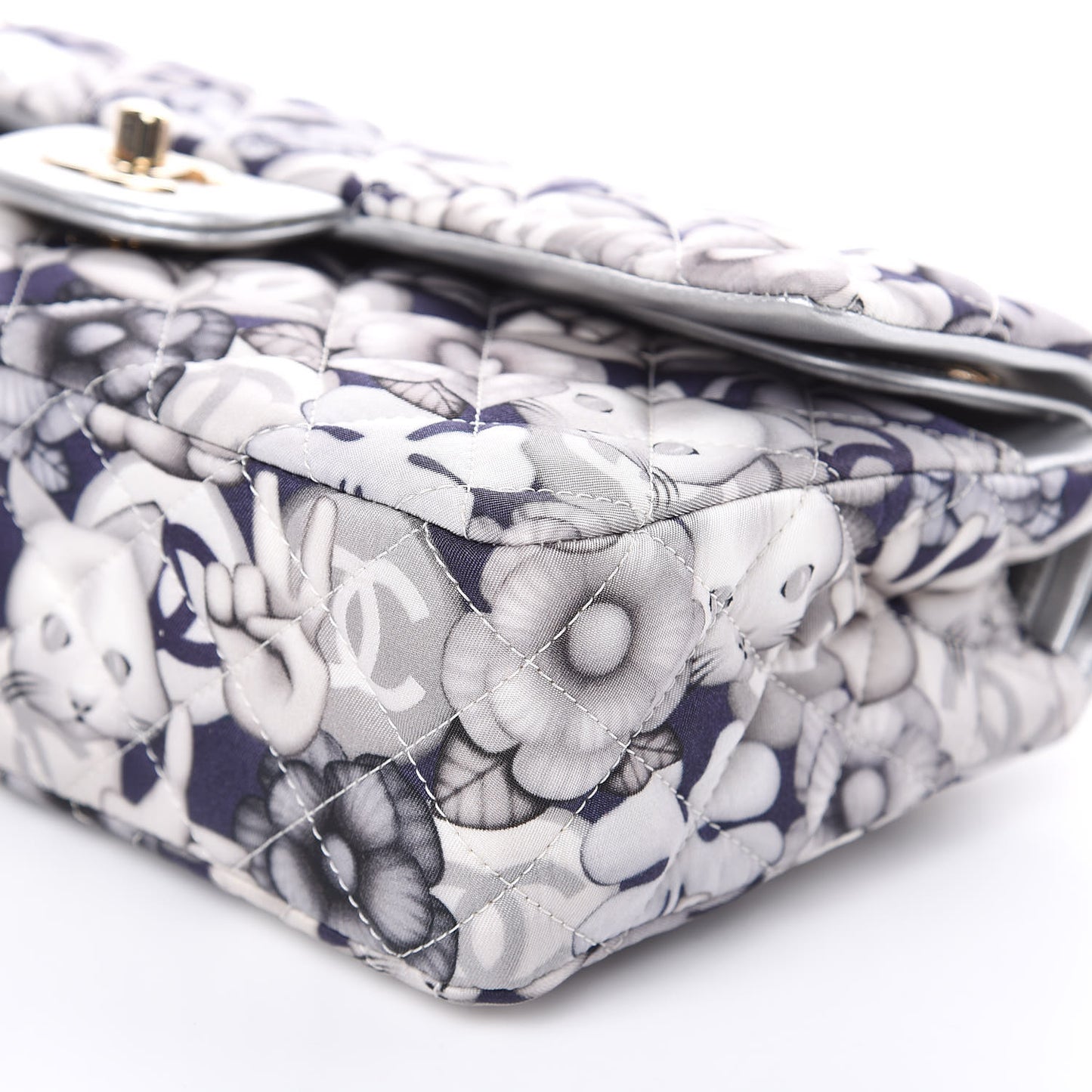 Nylon Quilted Medium Cat Emoticon Double Flap Navy Grey Ecru