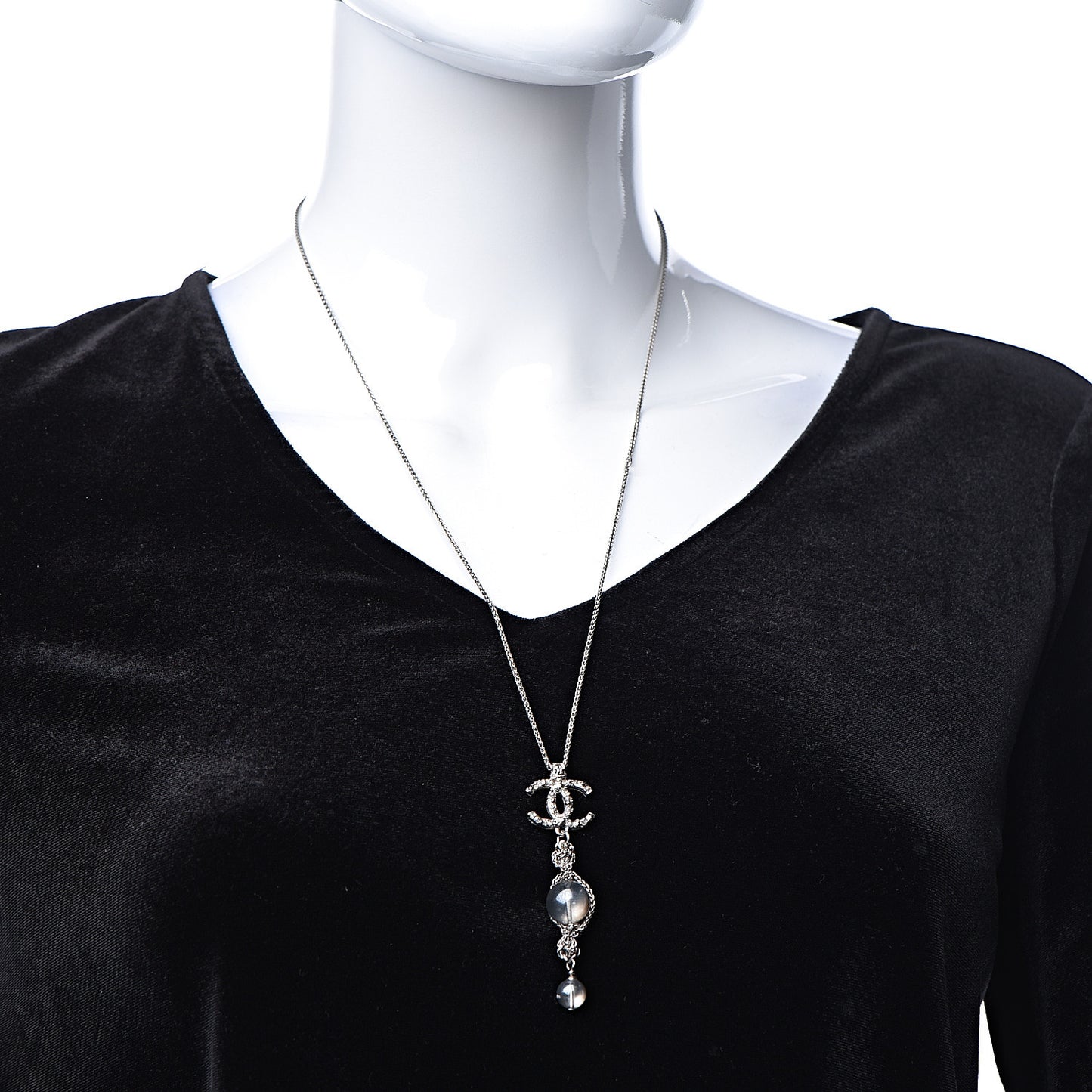 Pearl Crystal Resin CC Drop Necklace Silver Dark Grey