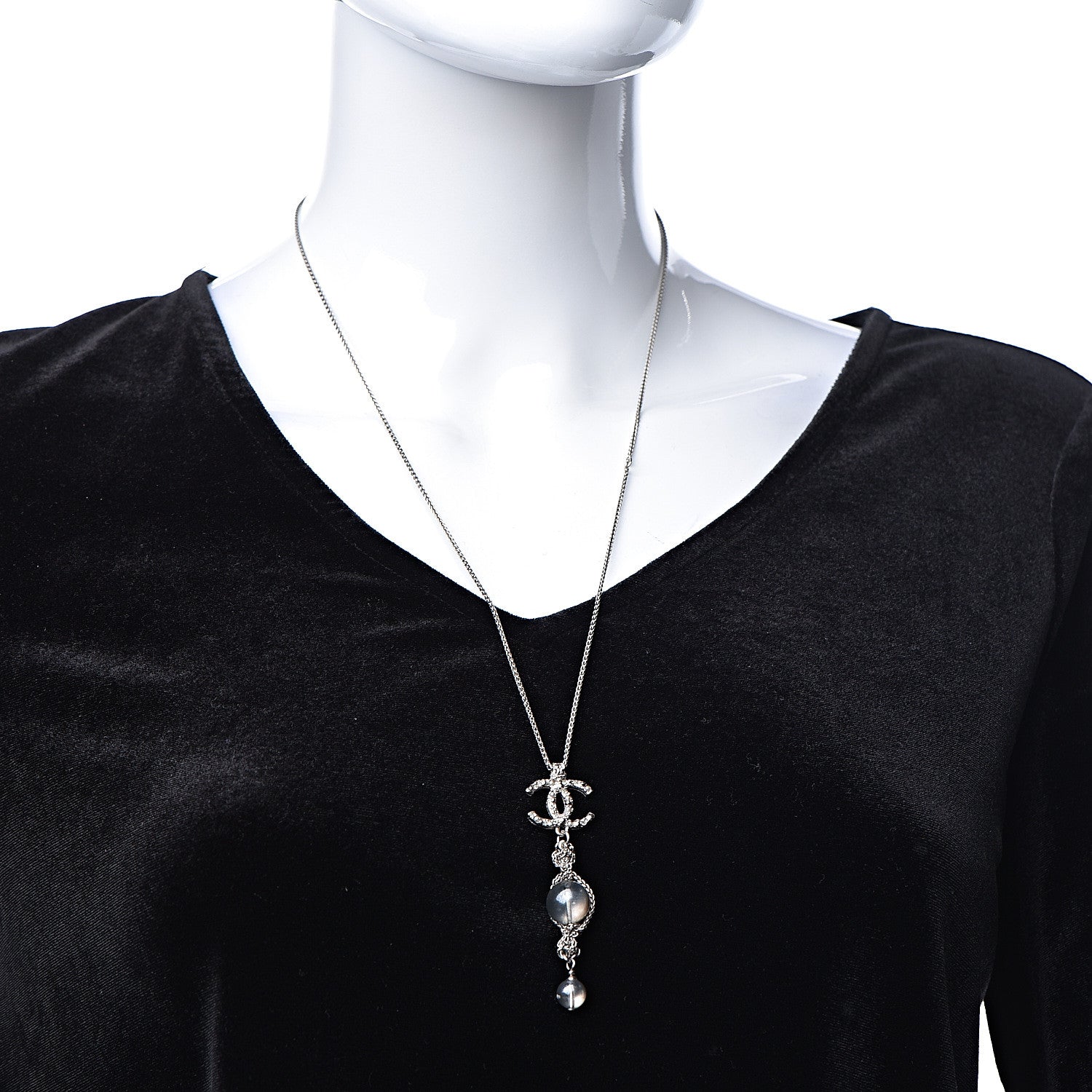 Chanel Pearl Crystal Resin CC Drop Necklace Silver Dark Grey 2 of 6