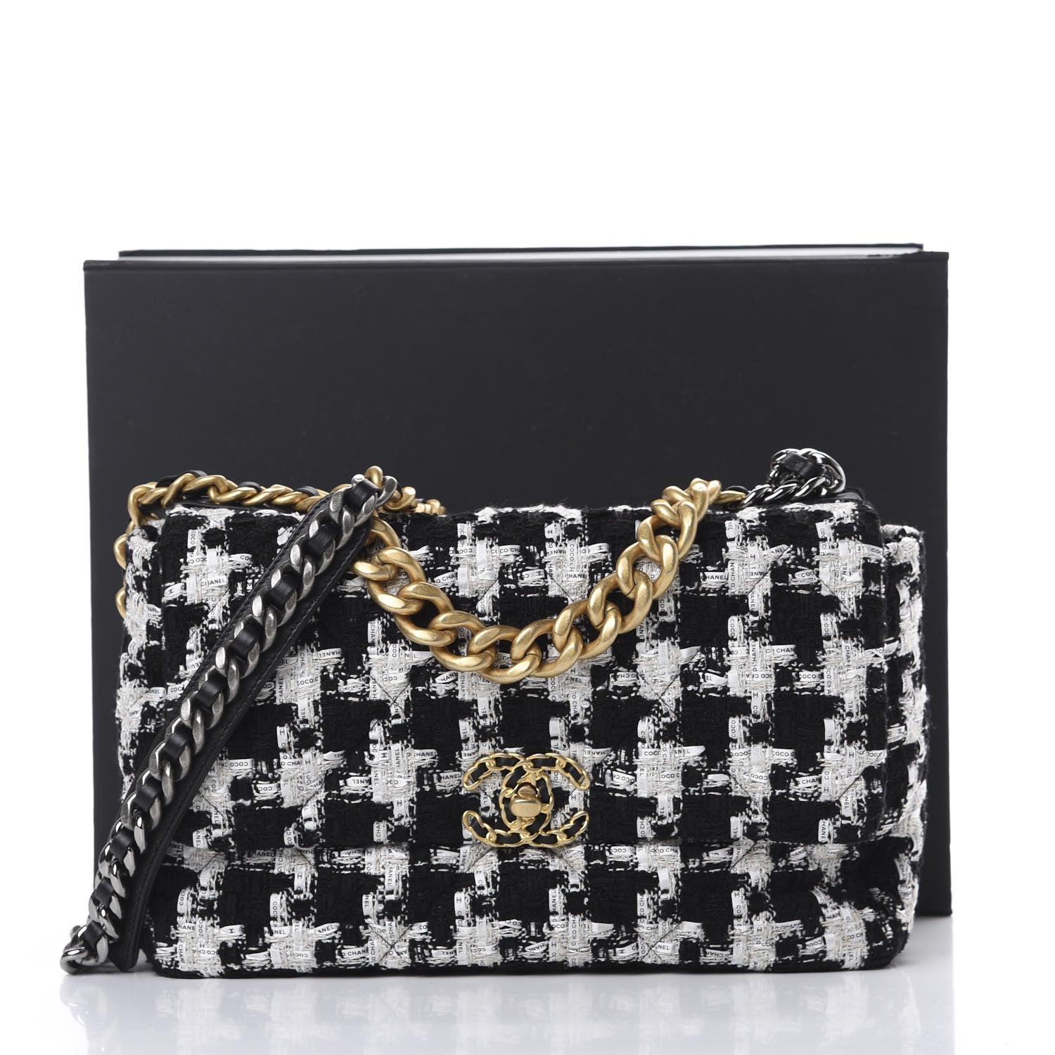 Chanel Tweed Quilted Large 19 Flap Black Ecru White 9 of 9