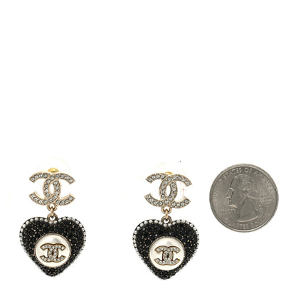 Chanel Pearl Crystal CC Heart Drop Earrings Gold Black White 2 of 5