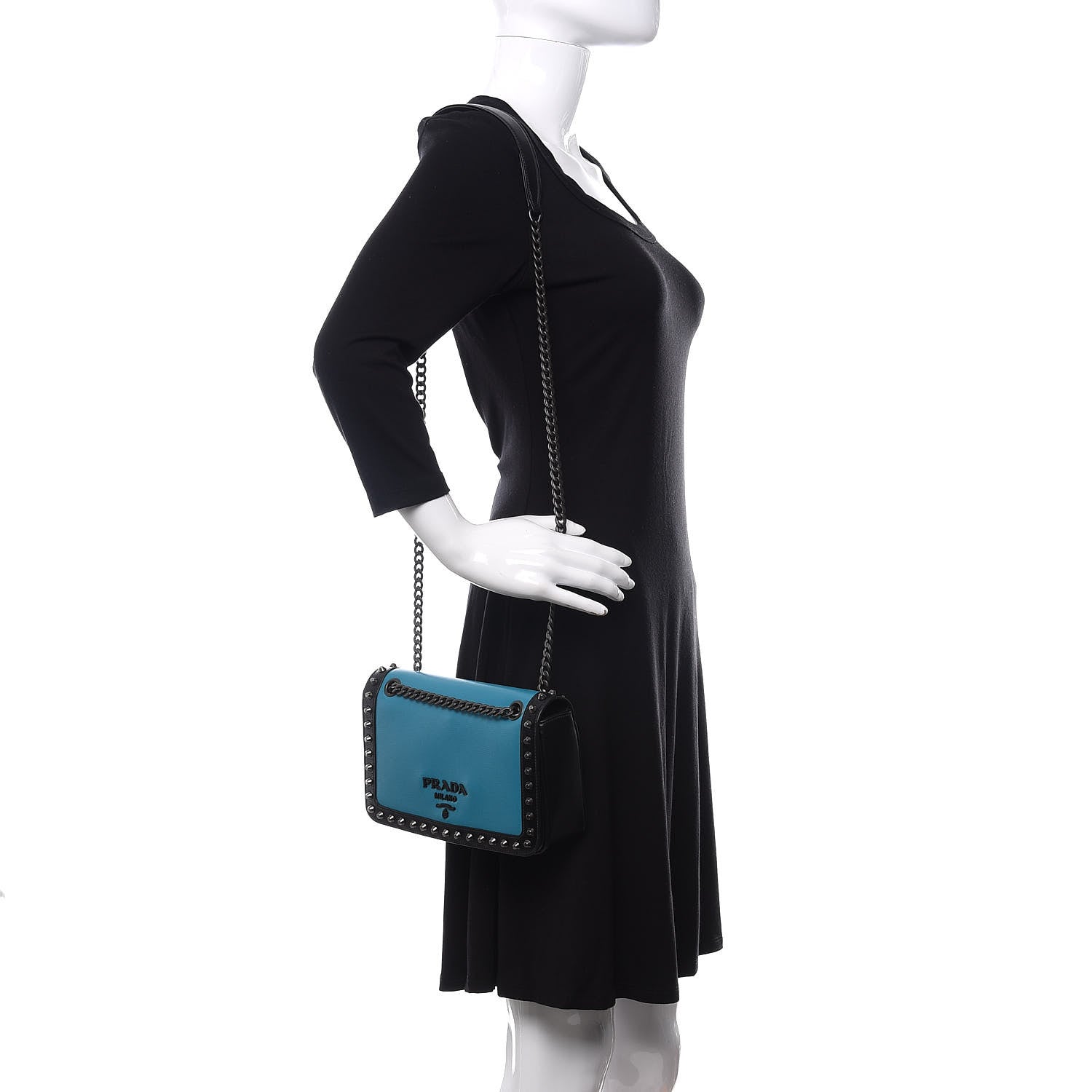 Prada Glace Calfskin Studded Crossbody Turchese Black 2 of 13