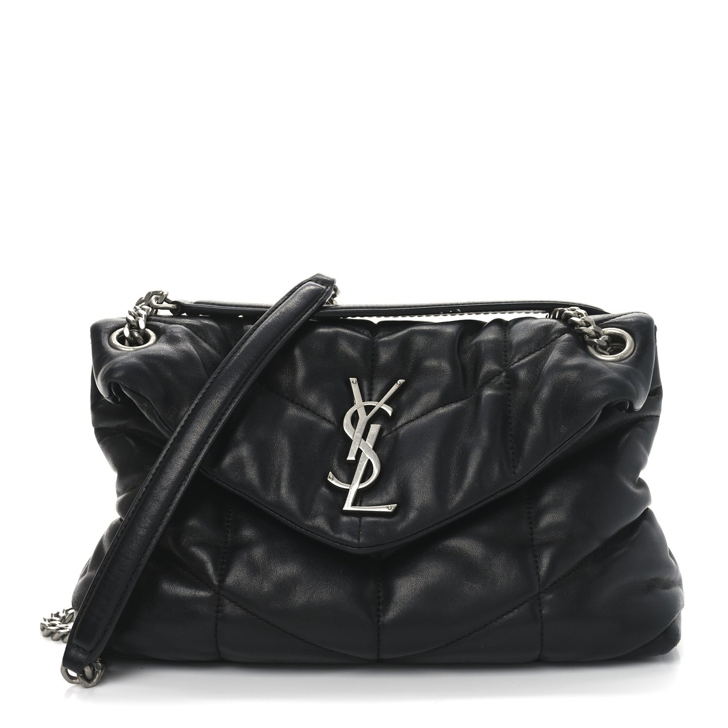 Lambskin Quilted Small Loulou Puffer Monogram Chain Satchel Black
