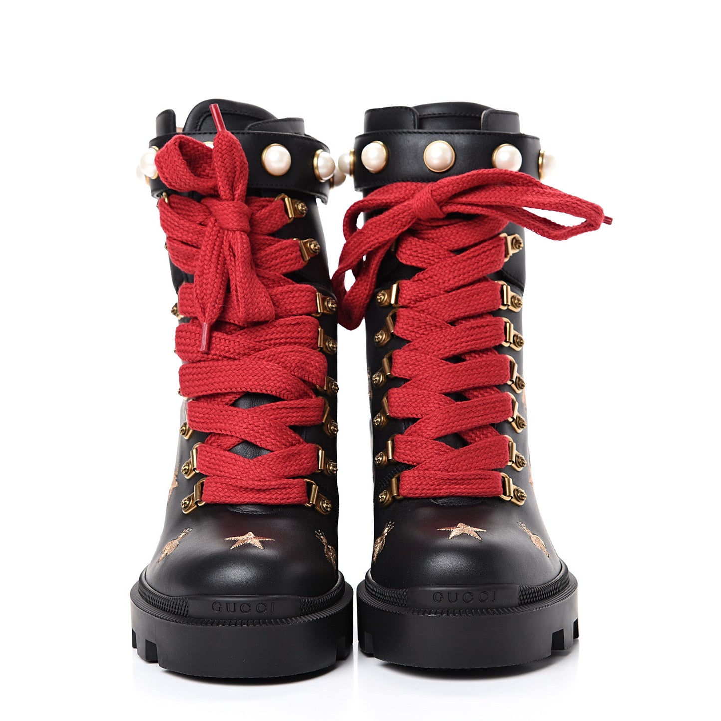 Calfskin Embroidered Lace Up Combat Ankle Boots 36.5 Black