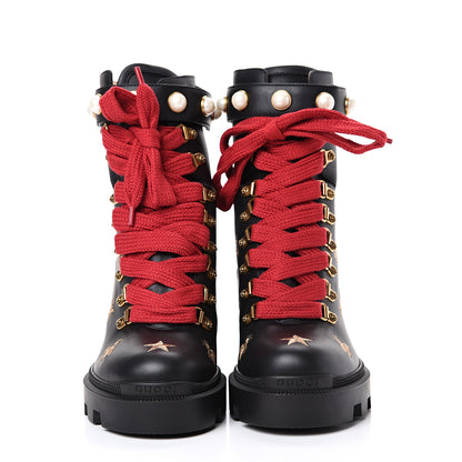 Gucci Calfskin Embroidered Lace Up Combat Ankle Boots 36.5 Black 2 of 8