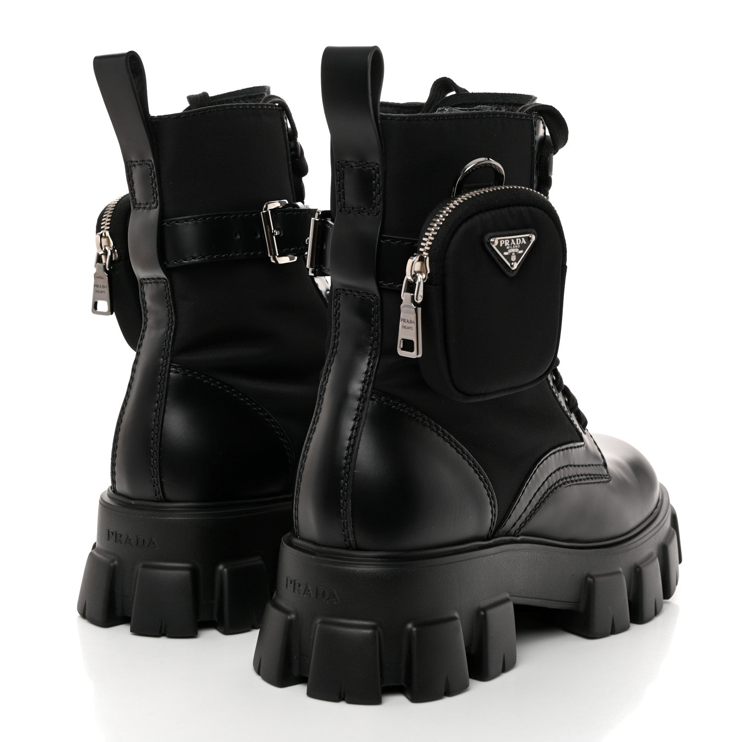 Prada Spazzolato Rois Re-Nylon Metal Triangle Logo Mens Monolith Pouch Pocket 60mm Combat Boots 8 Black 4 of 10