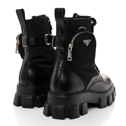 Prada Spazzolato Rois Re-Nylon Metal Triangle Logo Mens Monolith Pouch Pocket 60mm Combat Boots 8 Black 4 of 10