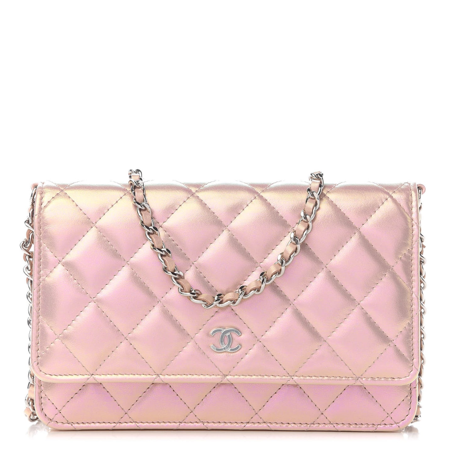 Iridescent Calfskin Quilted Wallet On Chain WOC Pink