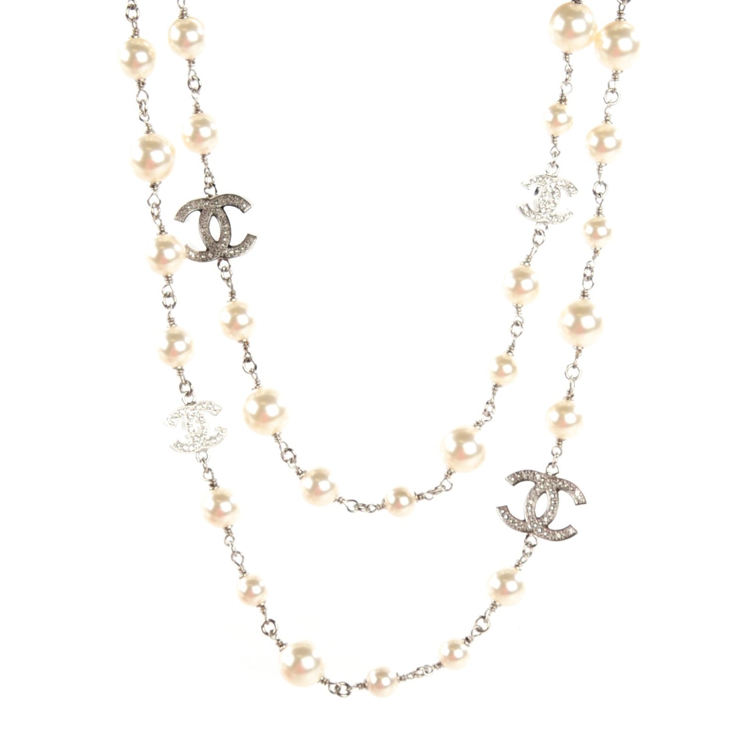 Crystal Pearl CC Long Necklace Silver