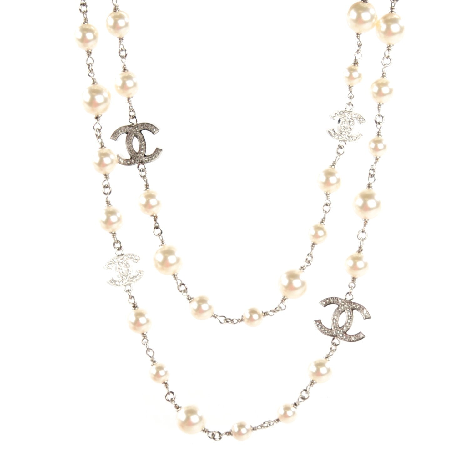 Chanel Crystal Pearl CC Long Necklace Silver 1 of 6