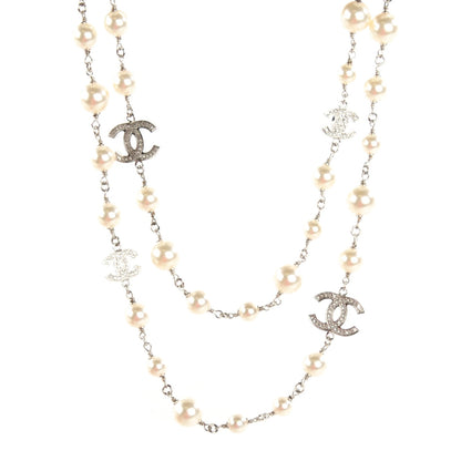 Chanel Crystal Pearl CC Long Necklace Silver 1 of 6