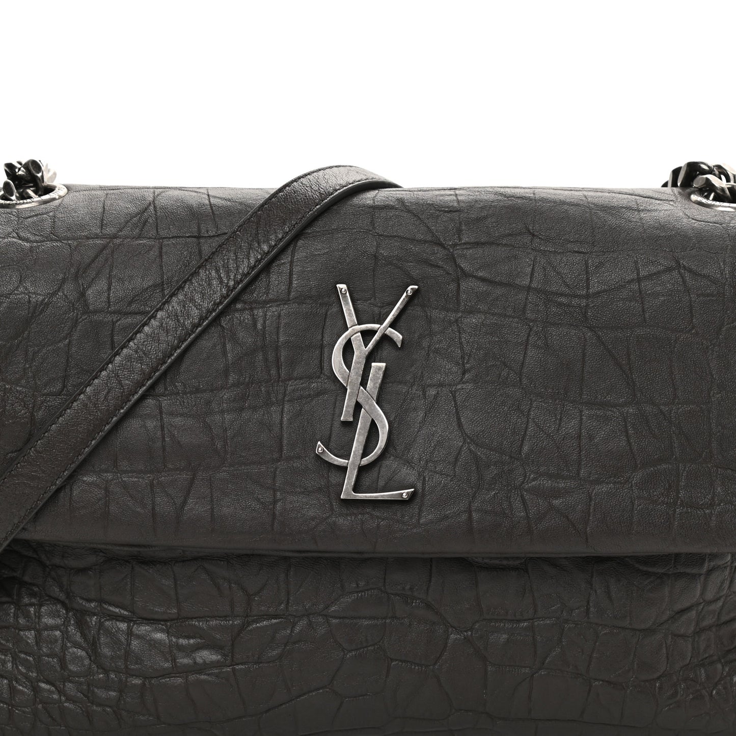 Calfskin Crocodile Embossed Medium West Hollywood Monogram Fold-Over Grey