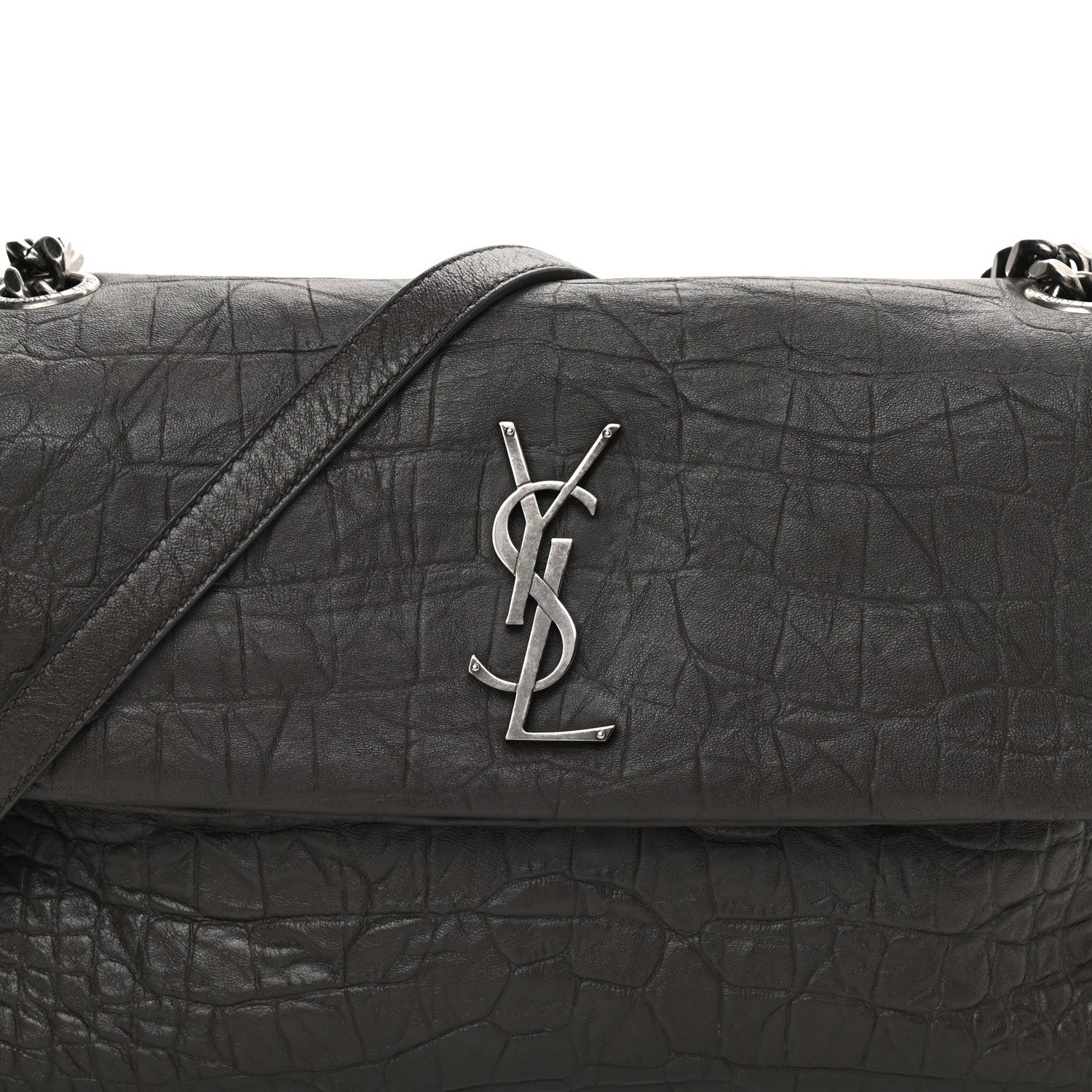 Saint Laurent Calfskin Crocodile Embossed Medium West Hollywood Monogram Fold-Over Grey 8 of 10