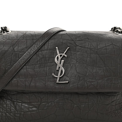Saint Laurent Calfskin Crocodile Embossed Medium West Hollywood Monogram Fold-Over Grey 8 of 10