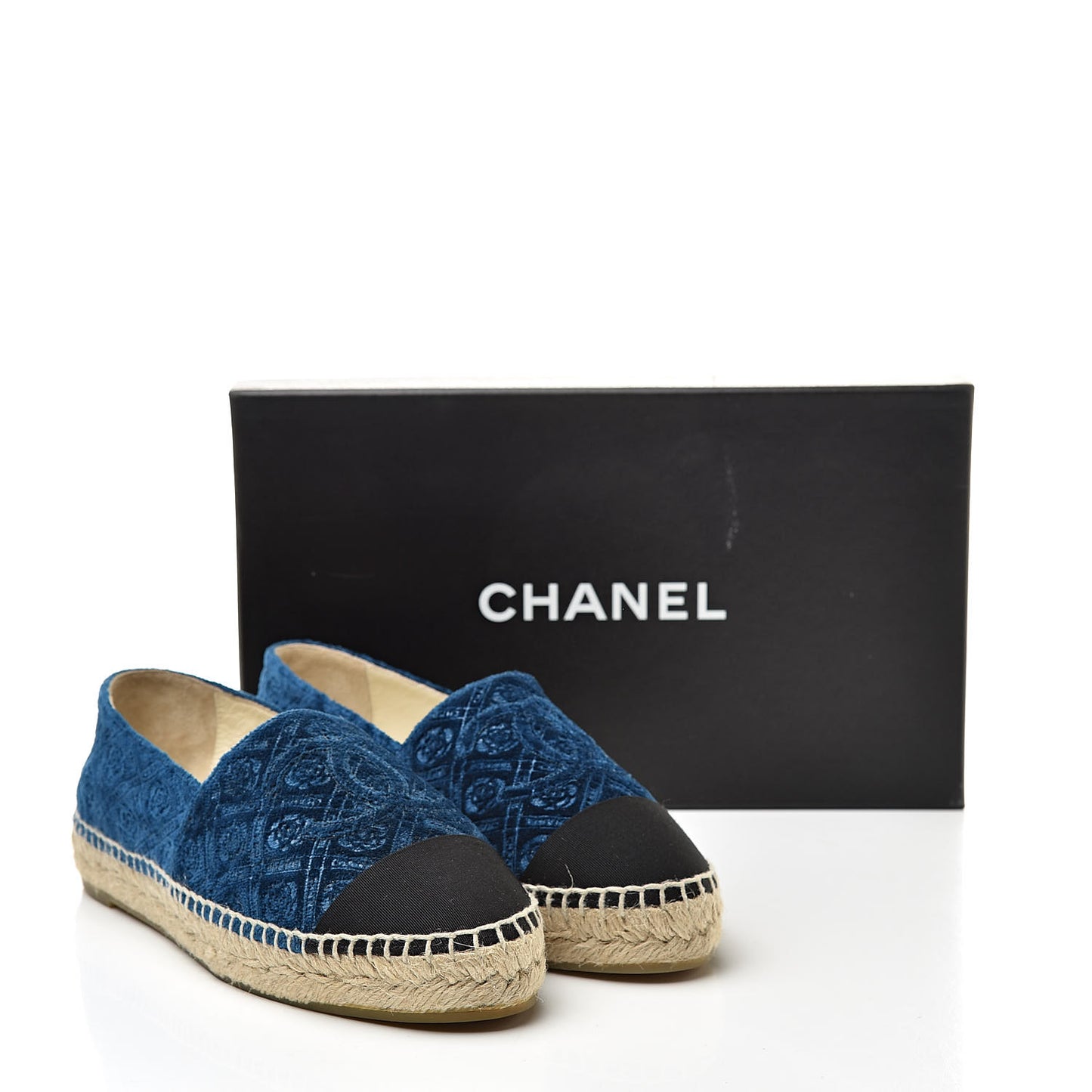 Velvet Grosgrain Quilted Camellia CC Espadrilles 37 Navy Black