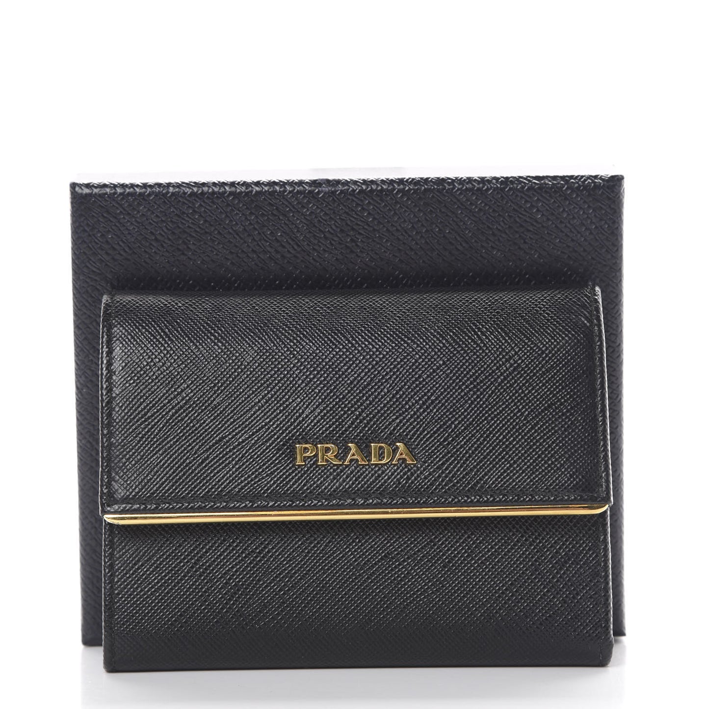 Saffiano Compact Metal Bar Flap Wallet Black
