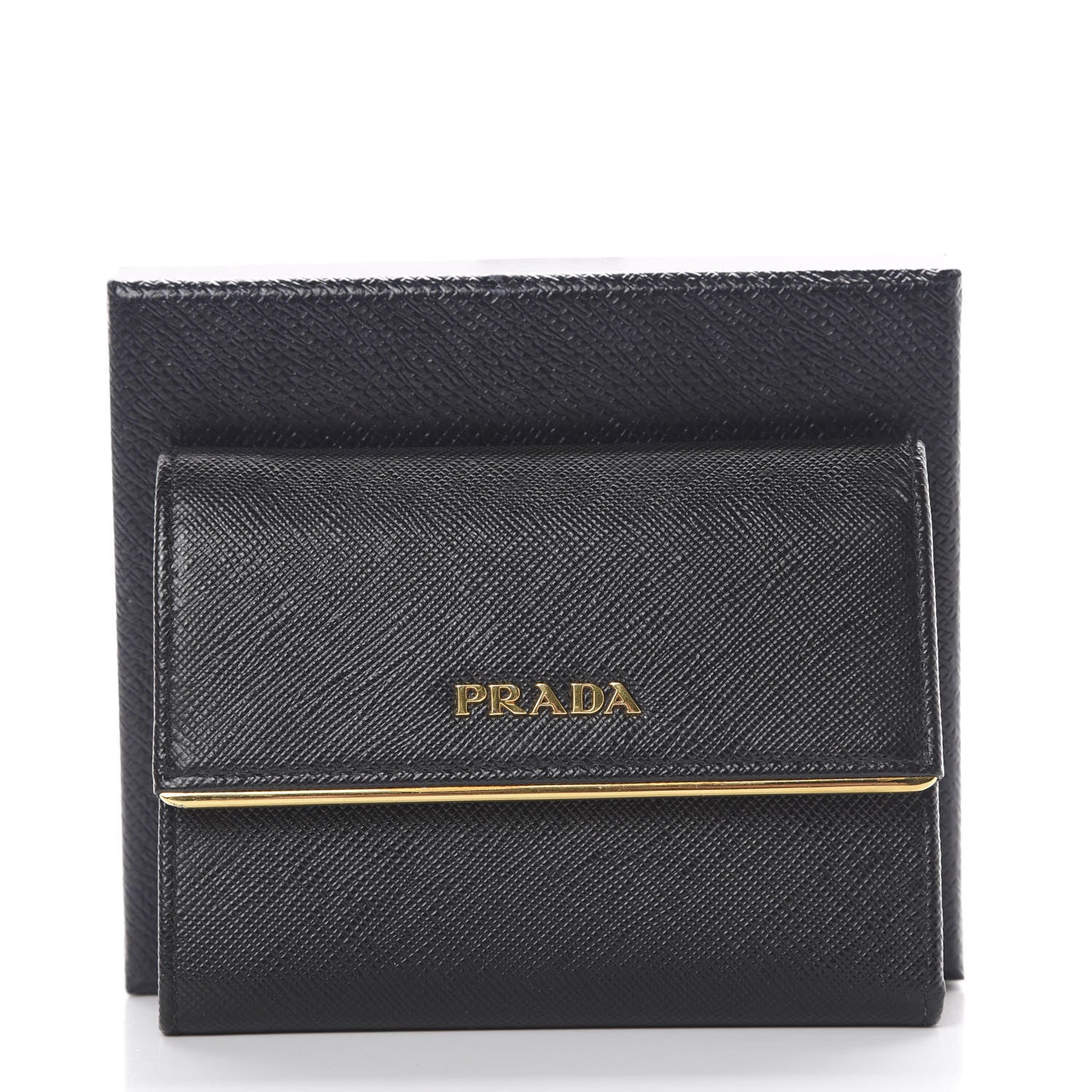 Prada Saffiano Compact Metal Bar Flap Wallet Black 7 of 7