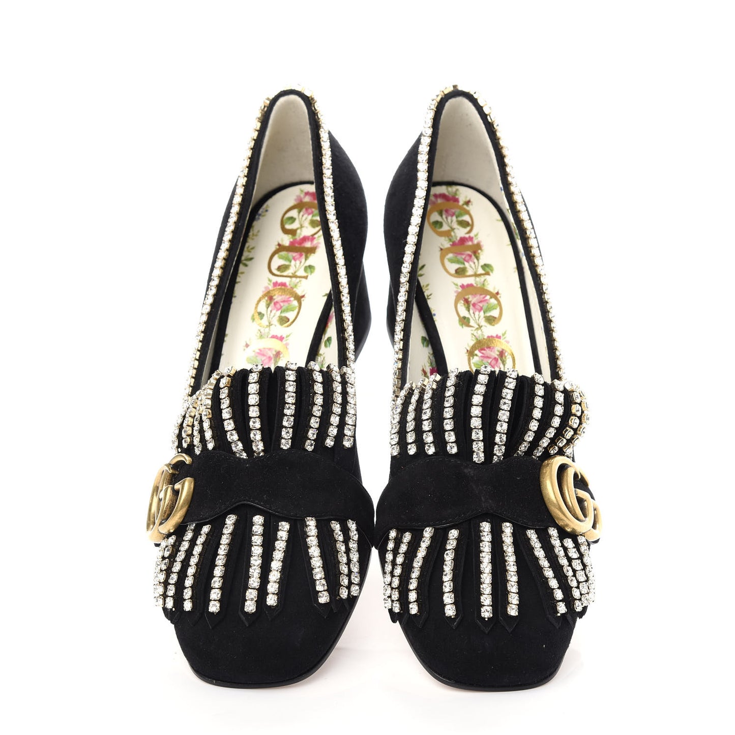 Kid Scamosciato Crystal GG Marmont Fringe 50mm Loafer Pumps 36.5 Black