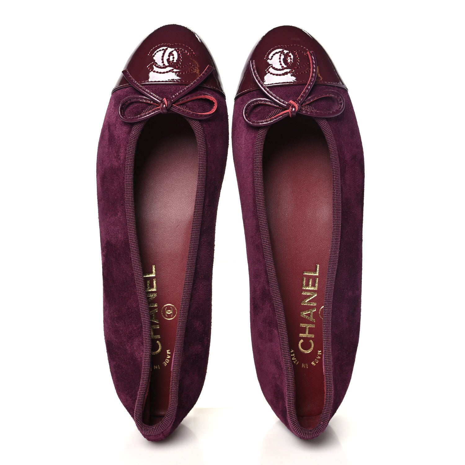 Chanel Suede Patent Calfskin Cap Toe CC Ballerina Flats 37 Burgundy 2 of 10