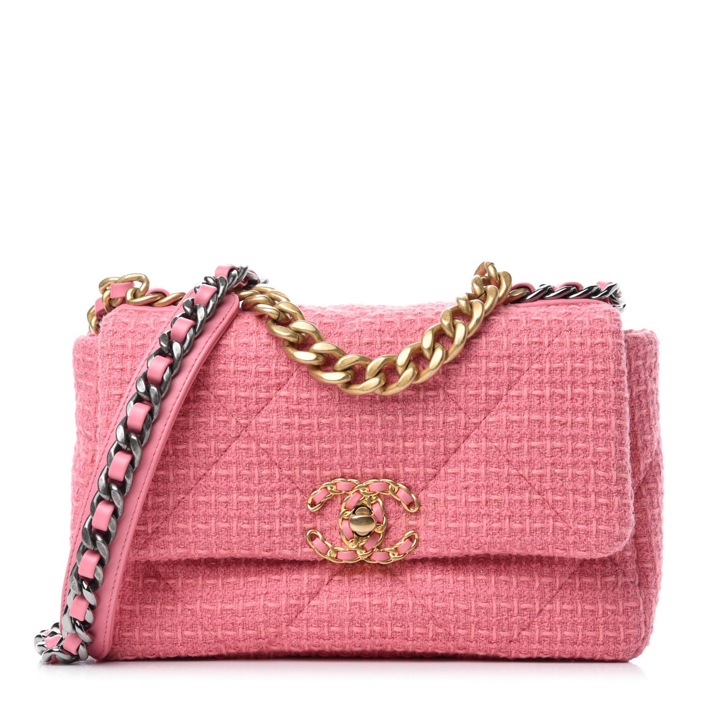 Metallic Tweed Quilted Medium Chanel 19 Flap Pink