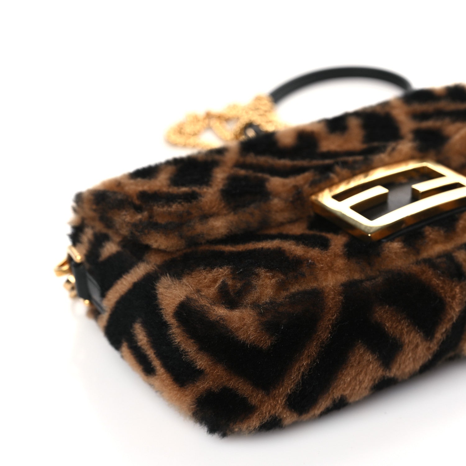 Fendi Shearling Vitello Dolce Macro FF 1974 Mini Baguette Tobacco Black 8 of 9