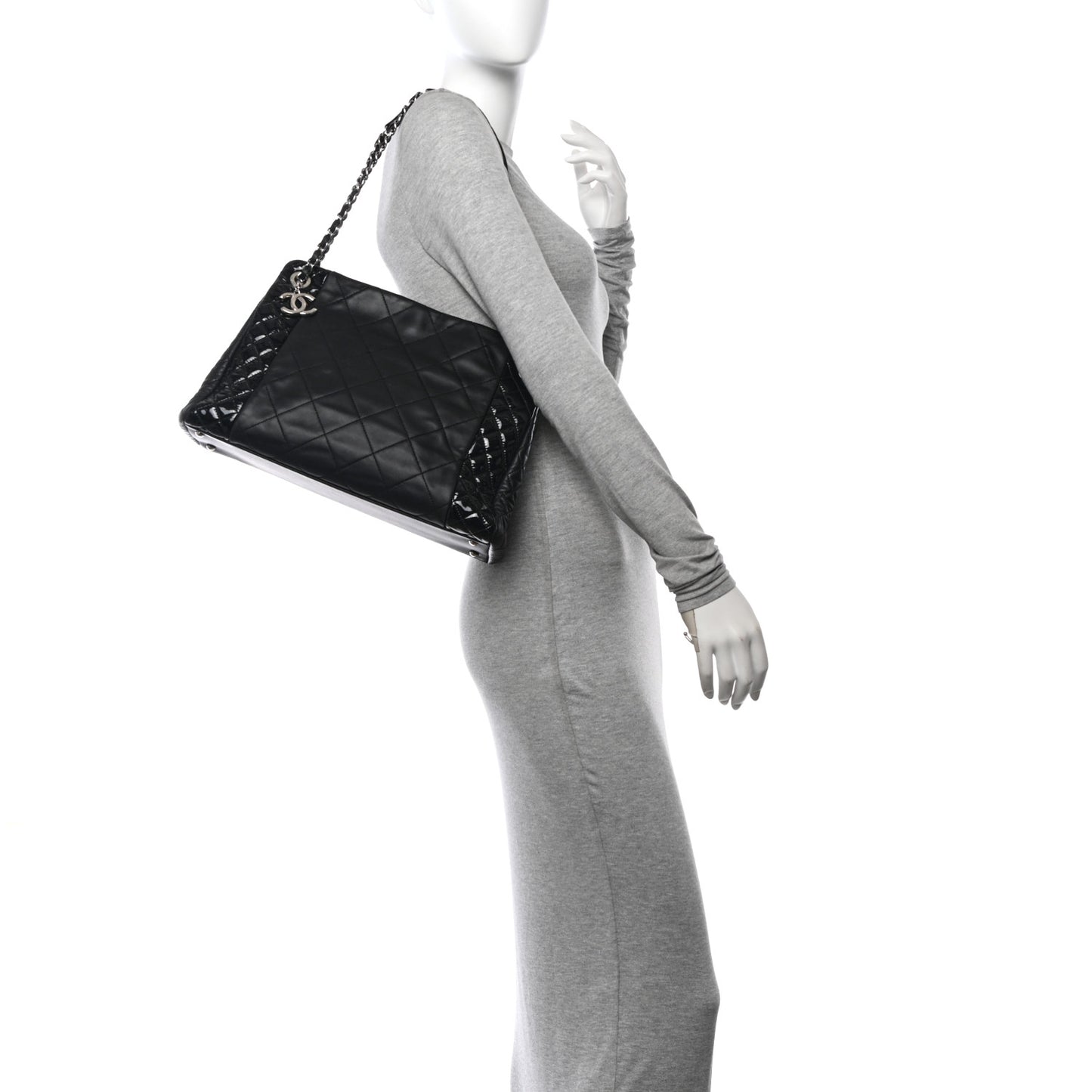 Lambskin Patent Quilted CC Shopping Tote Black