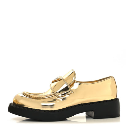 Prada Metallic Brushed Calfskin Metal Triangle Logo 50mm Loafers 39 Platino 1 of 10