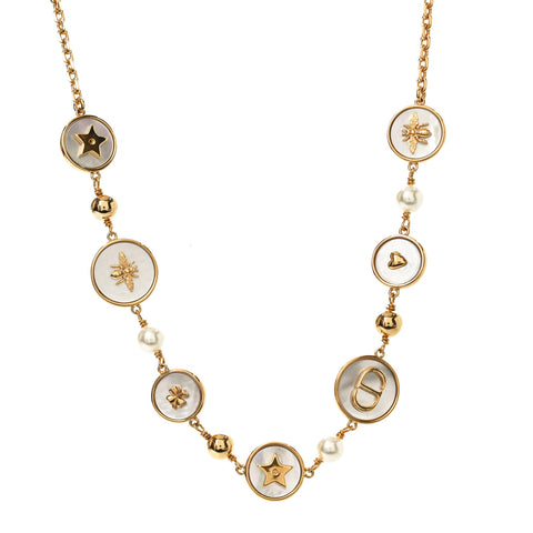 Metal Resin Pearl Mother of Pearl D-Luck Short Necklace Gold