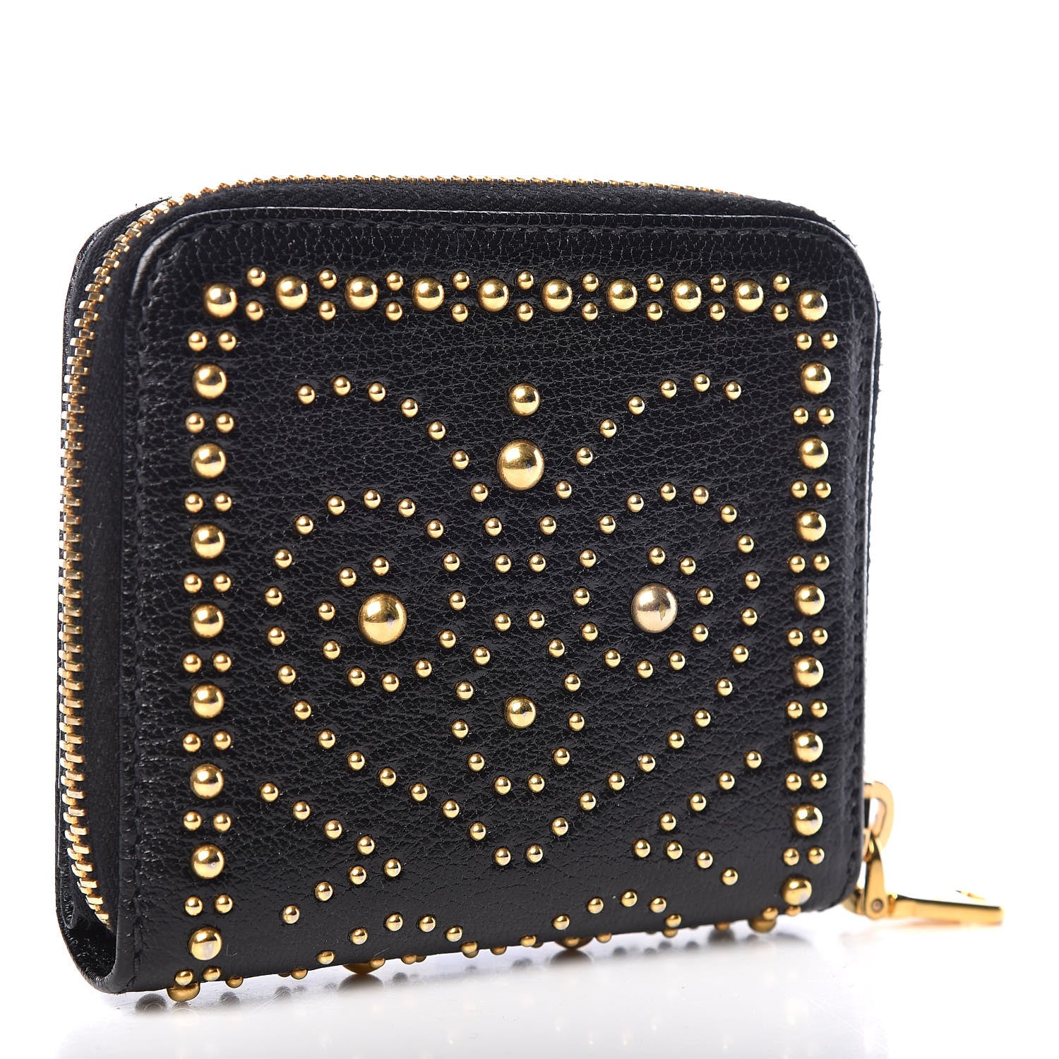 Miu Miu Goatskin Studded Madras Zip Compact Wallet Black 3 of 7