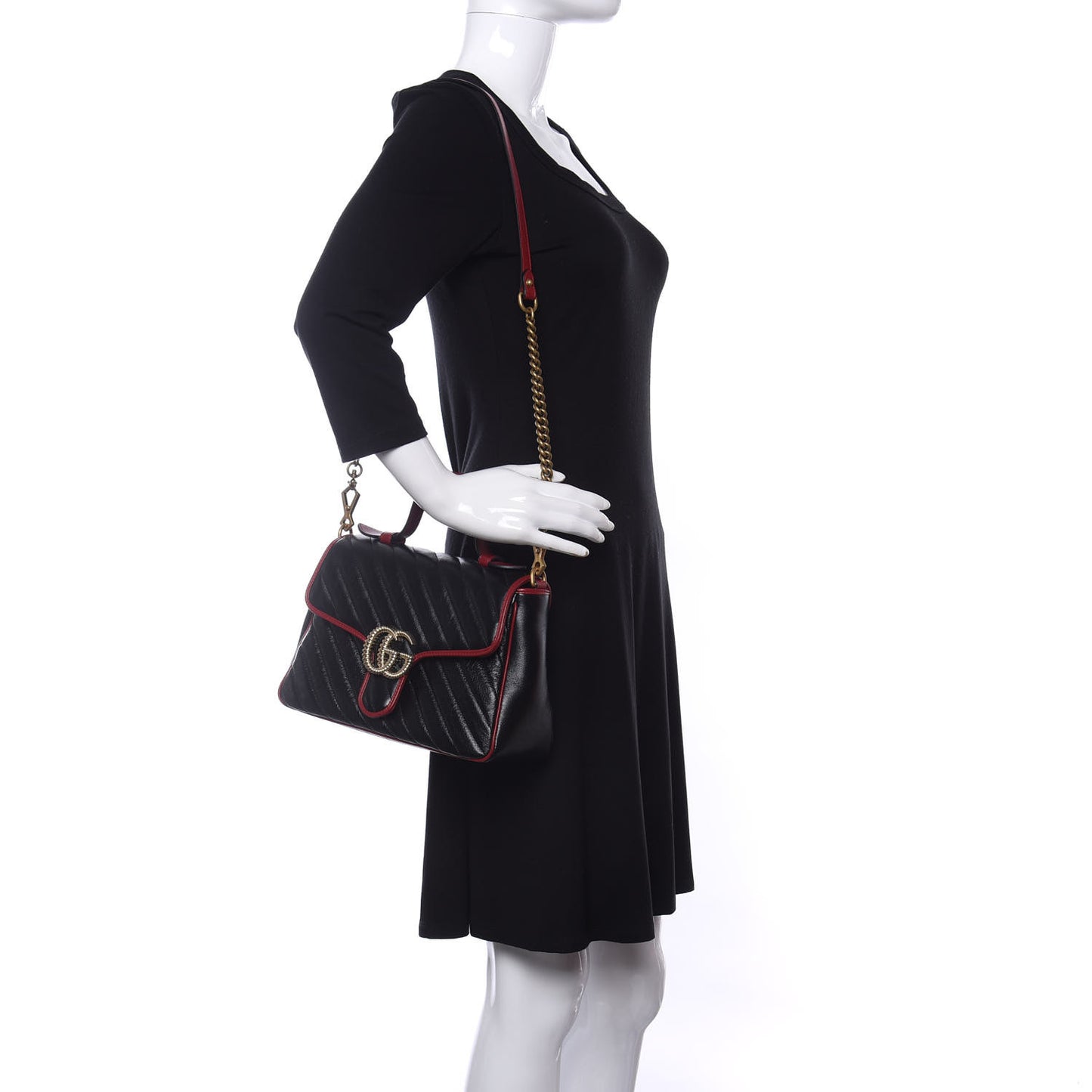 Vintage Effect Calfskin Matelasse Diagonal Small Torchon GG Marmont Top Handle Shoulder Bag Black Romantic Cherry