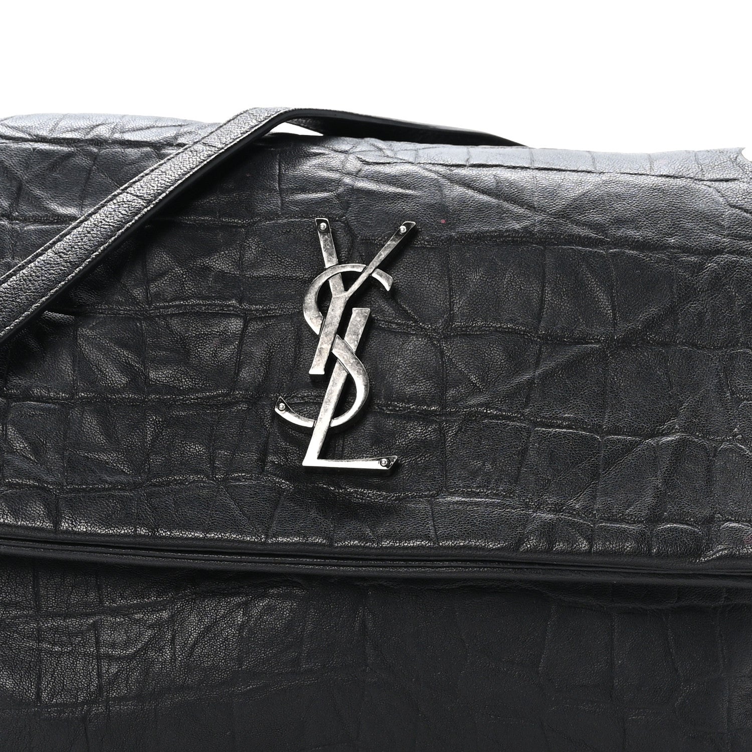 Saint Laurent Calfskin Crocodile Embossed Medium West Hollywood Monogram Fold-Over Grey 9 of 11