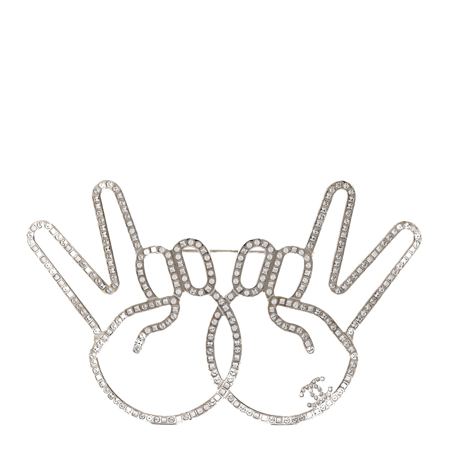 Chanel Strass Crystal Peace Sign Emoji Brooch Silver 1 of 3