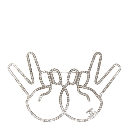 Chanel Strass Crystal Peace Sign Emoji Brooch Silver 1 of 3