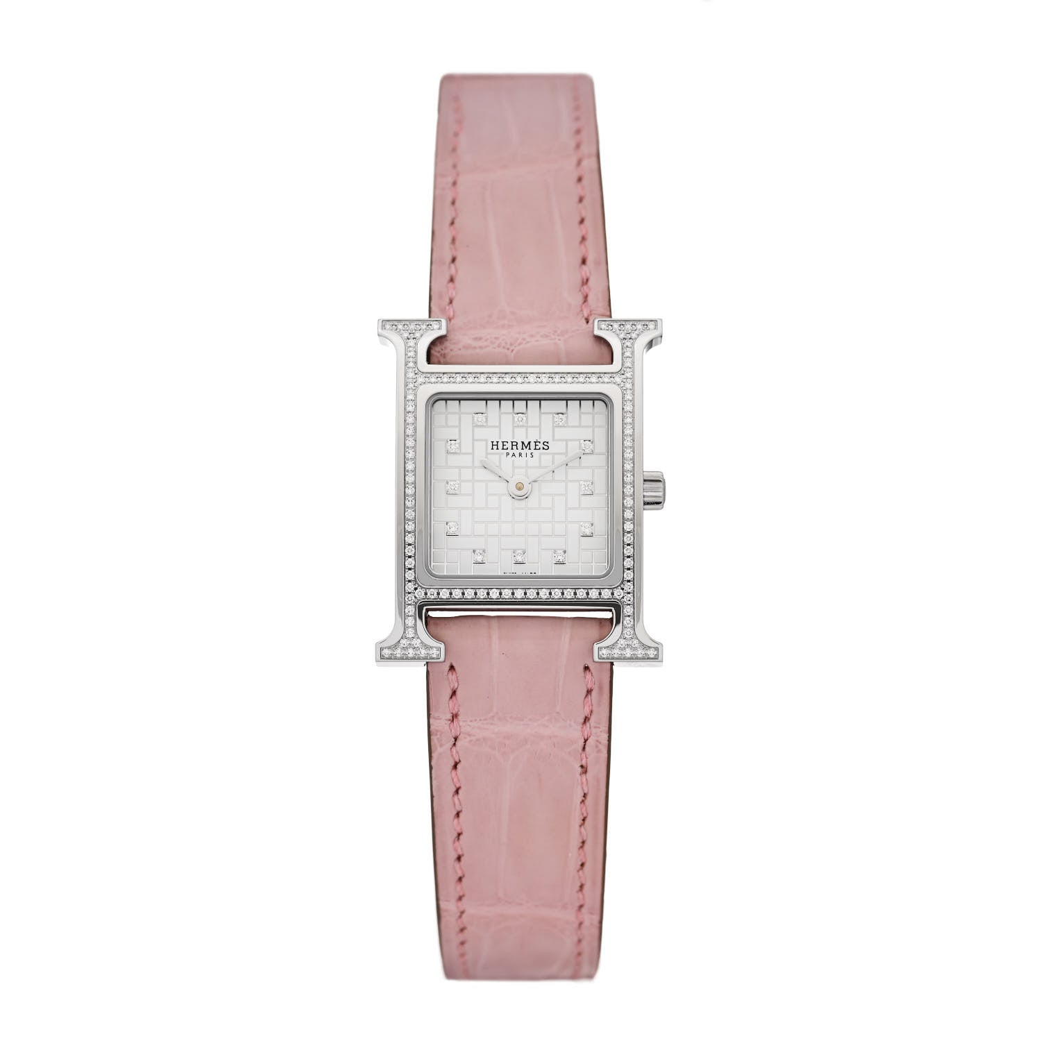 Hermes Stainless Steel Alligator Diamond Bezel Mother of Pearl 21mm Heure H Hour Quartz Watch Rose Pale 1 of 4