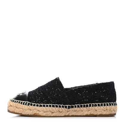 Chanel Tweed Patent Goatskin Sequin CC Espadrilles 36 Black 1 of 10