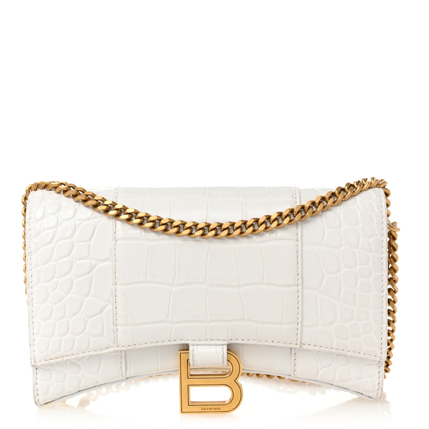 Shiny Calfskin Crocodile Embossed Hourglass Chain Bag White