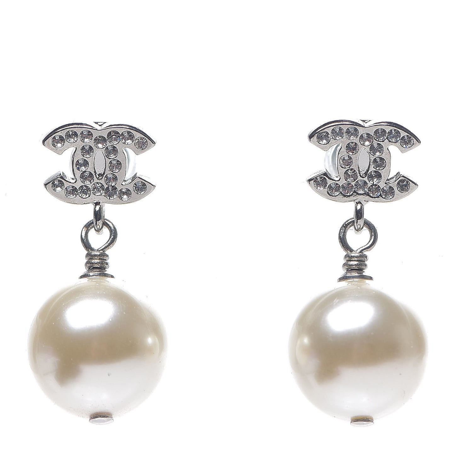 Crystal Pearl CC Drop Earrings Silver Pearly White