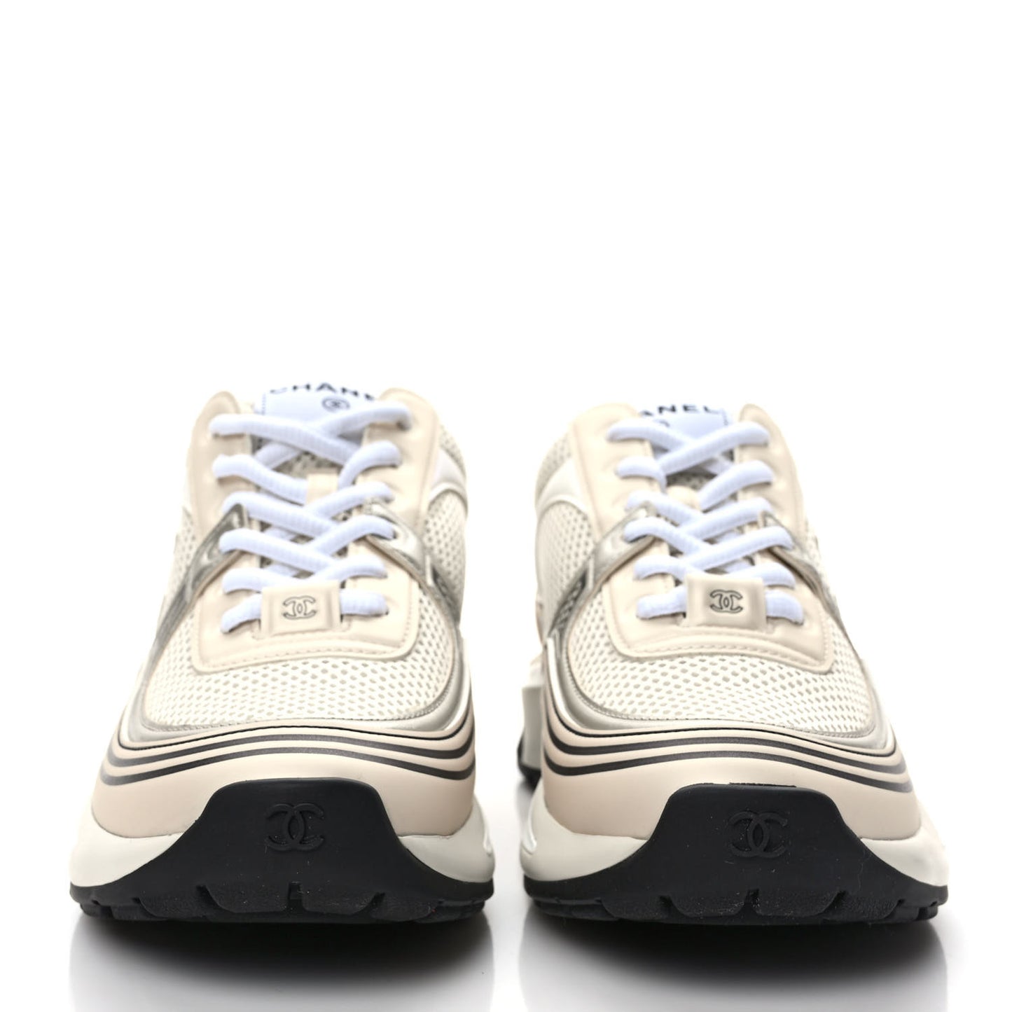 Fabric Laminated Calfskin Stretch CC Womens Sneakers 37 White Gold Silver