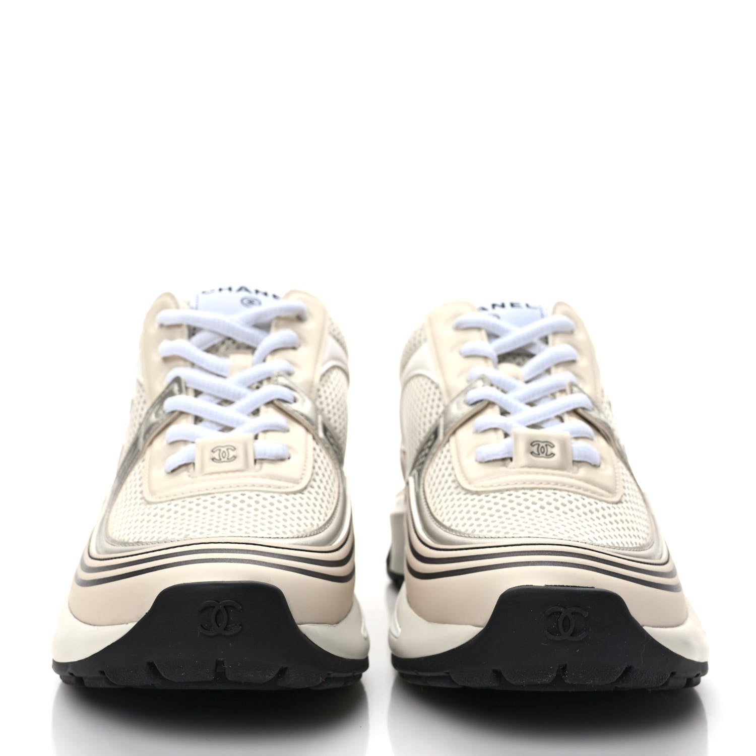 Chanel Fabric Laminated Calfskin Stretch CC Womens Sneakers 37 White Gold Silver 2 of 9