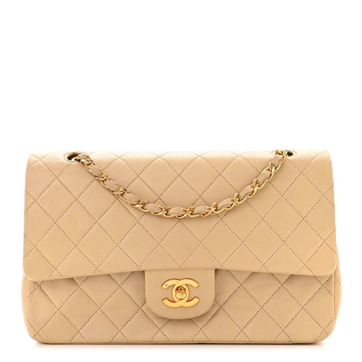 Lambskin Quilted Medium Double Flap Beige