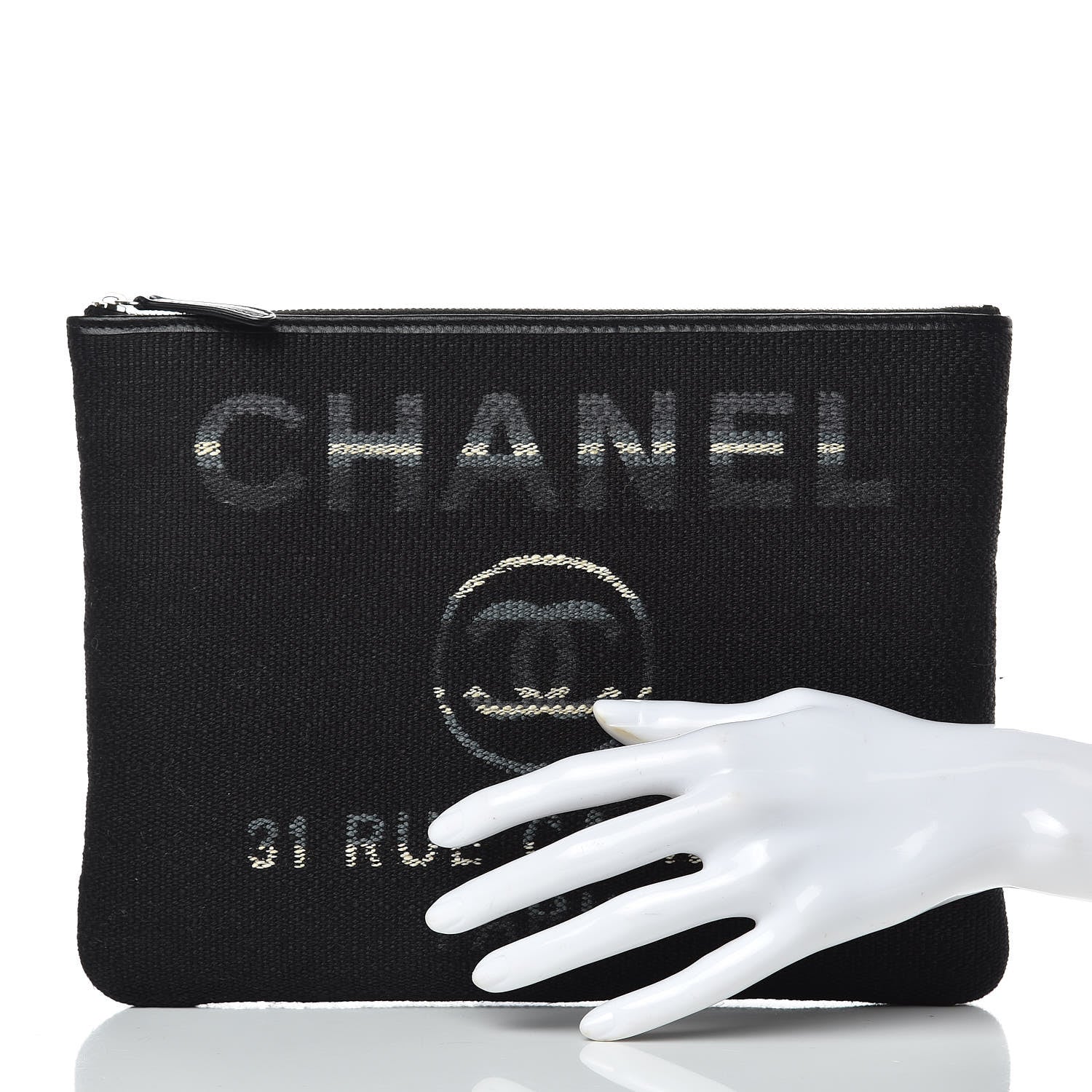 Chanel Striped Canvas Deauville Pouch Clutch Black 2 of 8