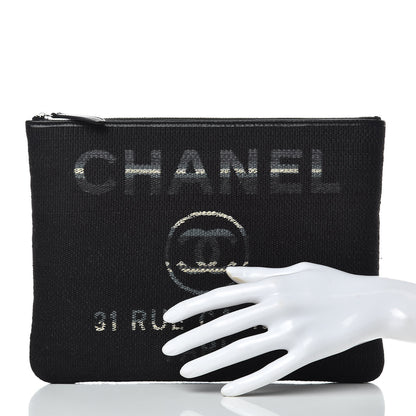 Chanel Striped Canvas Deauville Pouch Clutch Black 2 of 8